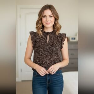 LOFT Brown Floral Ruffle Sleeve Blouse